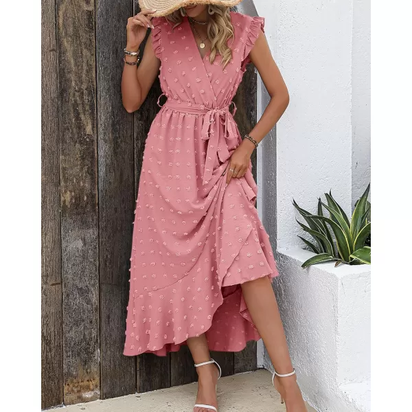 BTFBM Womens 2024 Summer Wrap V Neck Dress Ruffle Sleeve Swiss Dot Boho Ruffle Slit Beach Party Flowy Long Maxi DressesSwiss Dot Light Pink