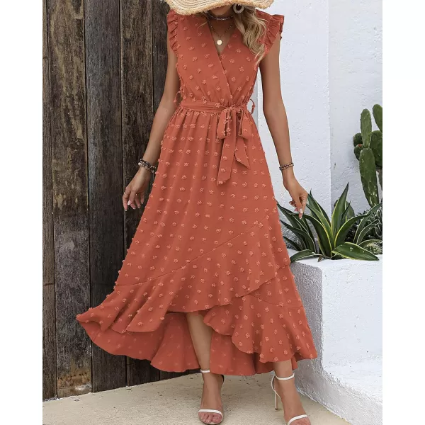 BTFBM Womens 2024 Summer Wrap V Neck Dress Ruffle Sleeve Swiss Dot Boho Ruffle Slit Beach Party Flowy Long Maxi DressesSwiss Dot Orange Red