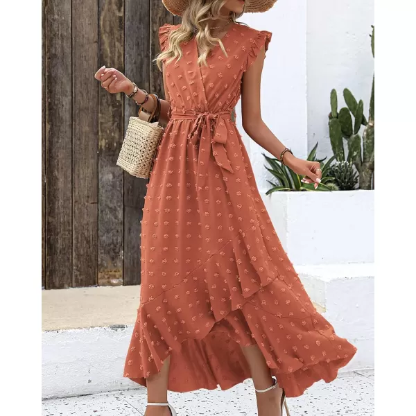 BTFBM Womens 2024 Summer Wrap V Neck Dress Ruffle Sleeve Swiss Dot Boho Ruffle Slit Beach Party Flowy Long Maxi DressesSwiss Dot Orange Red