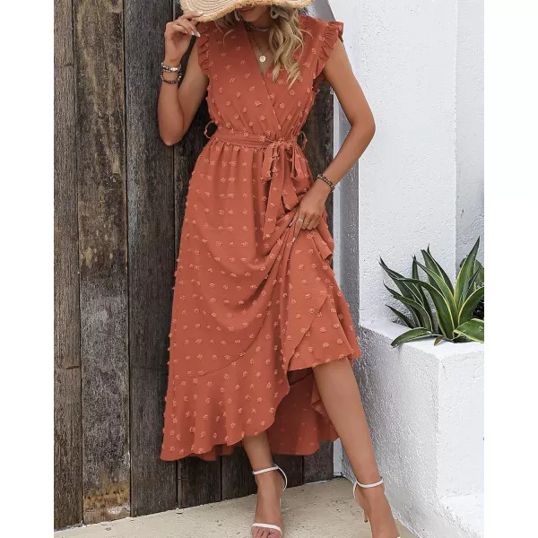 BTFBM Womens 2024 Summer Wrap V Neck Dress Ruffle Sleeve Swiss Dot Boho Ruffle Slit Beach Party Flowy Long Maxi DressesSwiss Dot Orange Red