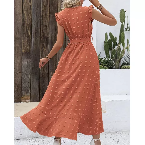 BTFBM Womens 2024 Summer Wrap V Neck Dress Ruffle Sleeve Swiss Dot Boho Ruffle Slit Beach Party Flowy Long Maxi DressesSwiss Dot Orange Red