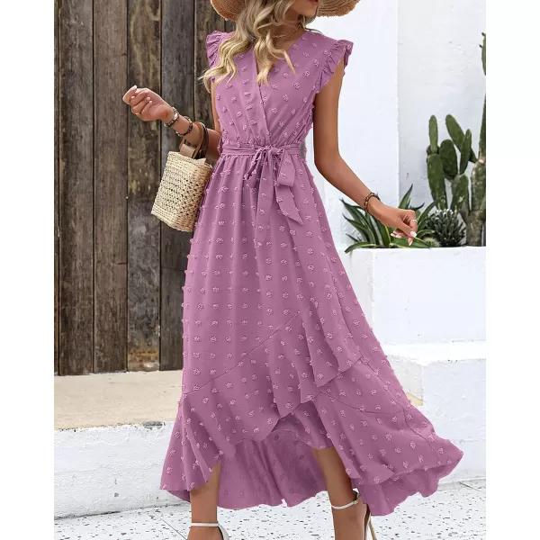 BTFBM Womens 2024 Summer Wrap V Neck Dress Ruffle Sleeve Swiss Dot Boho Ruffle Slit Beach Party Flowy Long Maxi DressesSwiss Dot Purple
