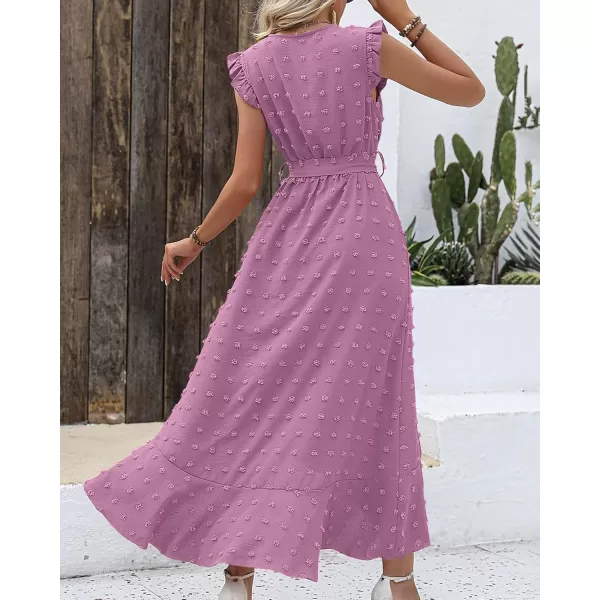 BTFBM Womens 2024 Summer Wrap V Neck Dress Ruffle Sleeve Swiss Dot Boho Ruffle Slit Beach Party Flowy Long Maxi DressesSwiss Dot Purple