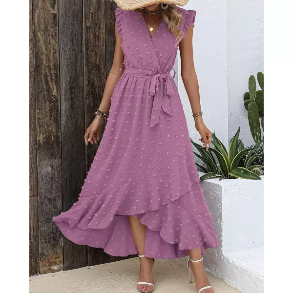 BTFBM Womens 2024 Summer Wrap V Neck Dress Ruffle Sleeve Swiss Dot Boho Ruffle Slit Beach Party Flowy Long Maxi DressesSwiss Dot Purple