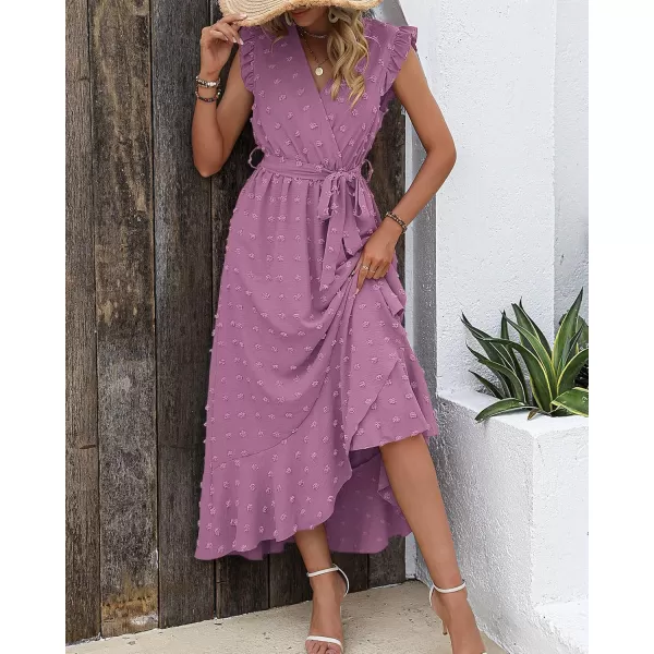 BTFBM Womens 2024 Summer Wrap V Neck Dress Ruffle Sleeve Swiss Dot Boho Ruffle Slit Beach Party Flowy Long Maxi DressesSwiss Dot Purple