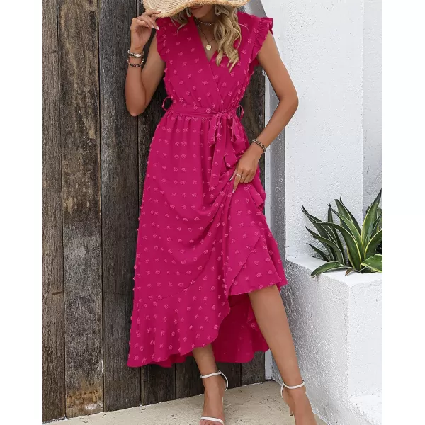BTFBM Womens 2024 Summer Wrap V Neck Dress Ruffle Sleeve Swiss Dot Boho Ruffle Slit Beach Party Flowy Long Maxi DressesSwiss Dot Rose Red