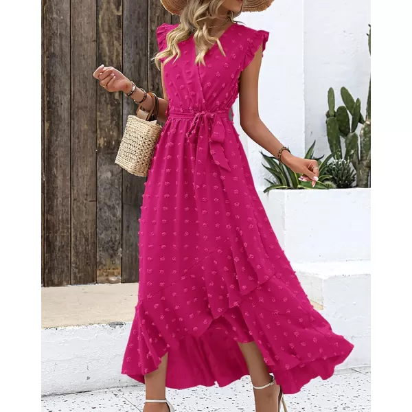BTFBM Womens 2024 Summer Wrap V Neck Dress Ruffle Sleeve Swiss Dot Boho Ruffle Slit Beach Party Flowy Long Maxi DressesSwiss Dot Rose Red