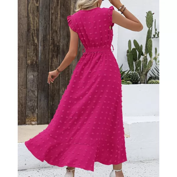 BTFBM Womens 2024 Summer Wrap V Neck Dress Ruffle Sleeve Swiss Dot Boho Ruffle Slit Beach Party Flowy Long Maxi DressesSwiss Dot Rose Red