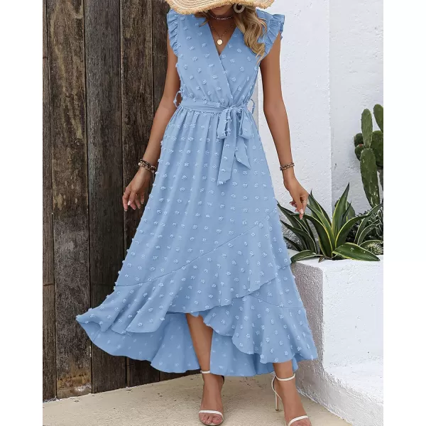 BTFBM Womens 2024 Summer Wrap V Neck Dress Ruffle Sleeve Swiss Dot Boho Ruffle Slit Beach Party Flowy Long Maxi DressesSwiss Dot Sky Blue