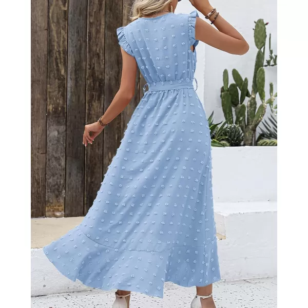 BTFBM Womens 2024 Summer Wrap V Neck Dress Ruffle Sleeve Swiss Dot Boho Ruffle Slit Beach Party Flowy Long Maxi DressesSwiss Dot Sky Blue