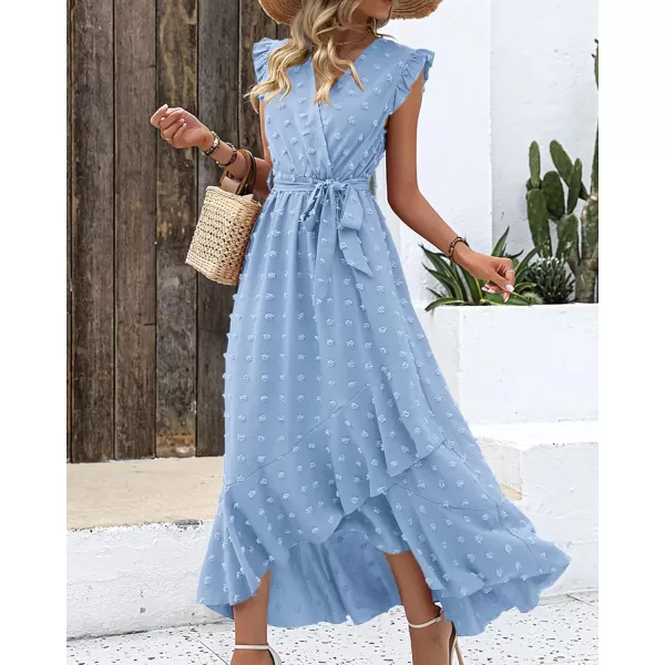 BTFBM Womens 2024 Summer Wrap V Neck Dress Ruffle Sleeve Swiss Dot Boho Ruffle Slit Beach Party Flowy Long Maxi DressesSwiss Dot Sky Blue