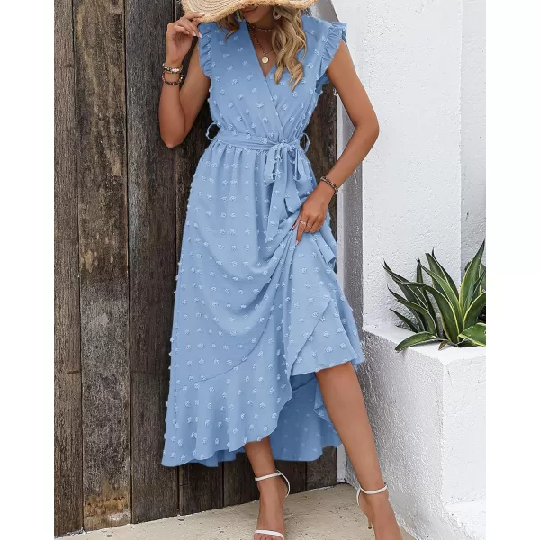 BTFBM Womens 2024 Summer Wrap V Neck Dress Ruffle Sleeve Swiss Dot Boho Ruffle Slit Beach Party Flowy Long Maxi DressesSwiss Dot Sky Blue