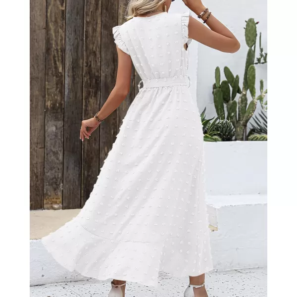 BTFBM Womens 2024 Summer Wrap V Neck Dress Ruffle Sleeve Swiss Dot Boho Ruffle Slit Beach Party Flowy Long Maxi DressesSwiss Dot White