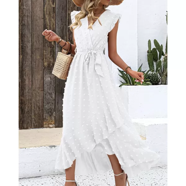 BTFBM Womens 2024 Summer Wrap V Neck Dress Ruffle Sleeve Swiss Dot Boho Ruffle Slit Beach Party Flowy Long Maxi DressesSwiss Dot White