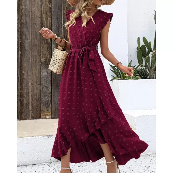 BTFBM Womens 2024 Summer Wrap V Neck Dress Ruffle Sleeve Swiss Dot Boho Ruffle Slit Beach Party Flowy Long Maxi DressesSwiss Dot Wine Red