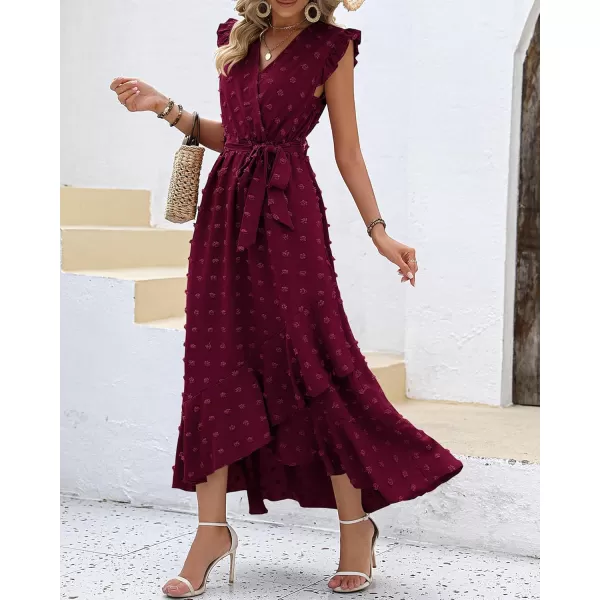 BTFBM Womens 2024 Summer Wrap V Neck Dress Ruffle Sleeve Swiss Dot Boho Ruffle Slit Beach Party Flowy Long Maxi DressesSwiss Dot Wine Red