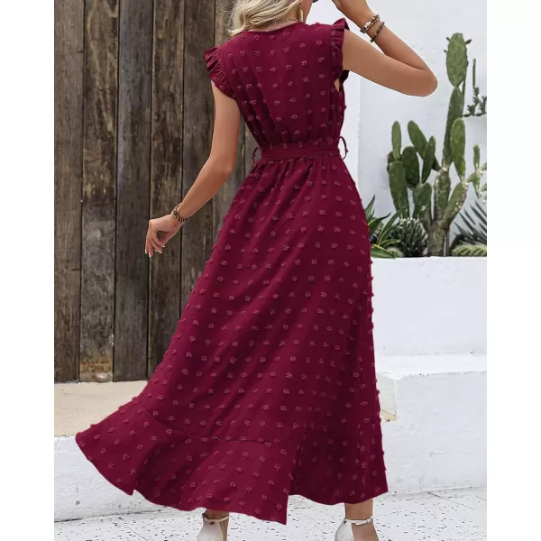 BTFBM Womens 2024 Summer Wrap V Neck Dress Ruffle Sleeve Swiss Dot Boho Ruffle Slit Beach Party Flowy Long Maxi DressesSwiss Dot Wine Red