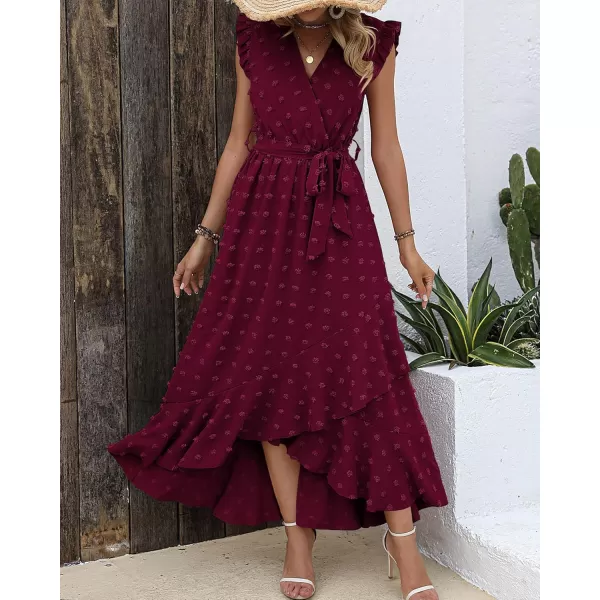 BTFBM Womens 2024 Summer Wrap V Neck Dress Ruffle Sleeve Swiss Dot Boho Ruffle Slit Beach Party Flowy Long Maxi DressesSwiss Dot Wine Red