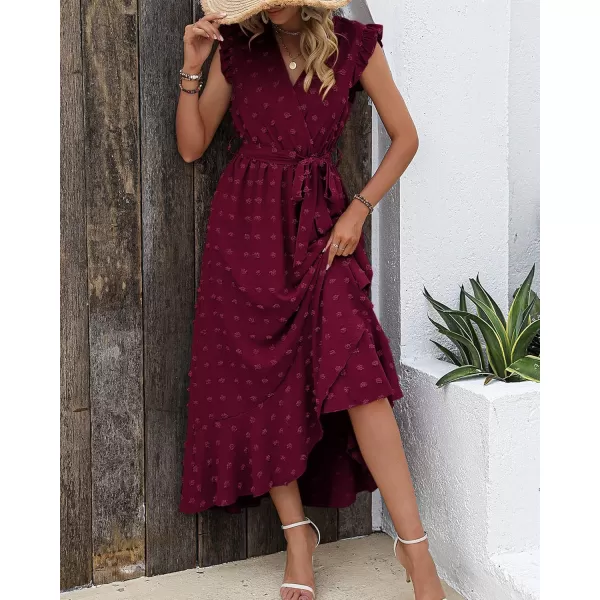 BTFBM Womens 2024 Summer Wrap V Neck Dress Ruffle Sleeve Swiss Dot Boho Ruffle Slit Beach Party Flowy Long Maxi DressesSwiss Dot Wine Red