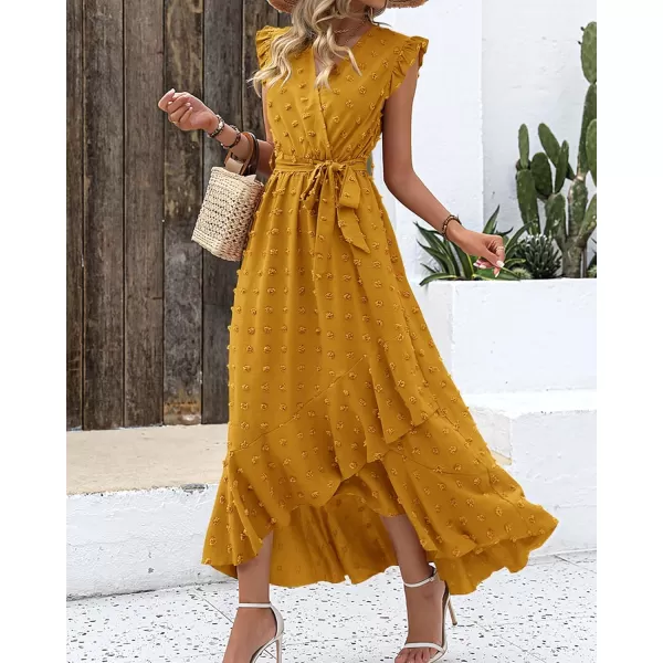 BTFBM Womens 2024 Summer Wrap V Neck Dress Ruffle Sleeve Swiss Dot Boho Ruffle Slit Beach Party Flowy Long Maxi DressesSwiss Dot Yellow