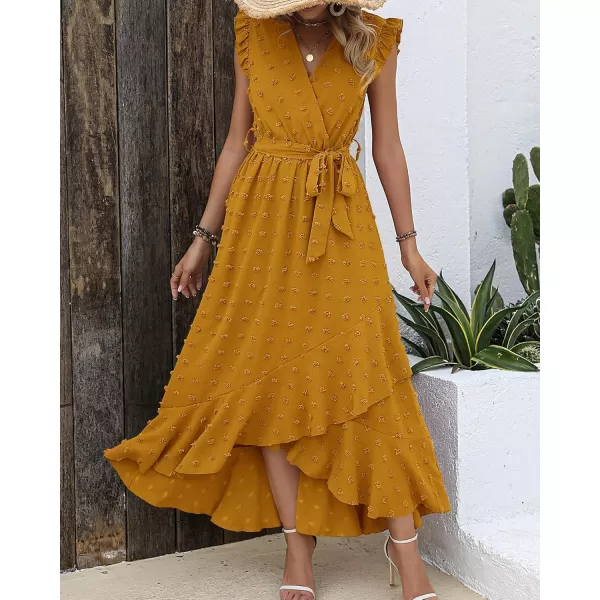 BTFBM Womens 2024 Summer Wrap V Neck Dress Ruffle Sleeve Swiss Dot Boho Ruffle Slit Beach Party Flowy Long Maxi DressesSwiss Dot Yellow