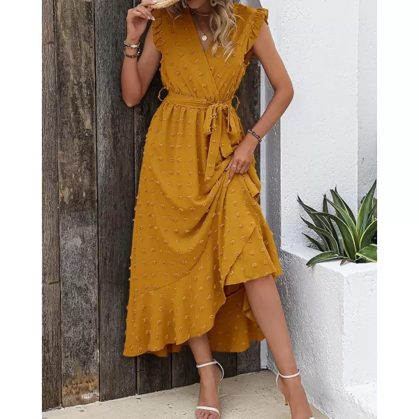 BTFBM Womens 2024 Summer Wrap V Neck Dress Ruffle Sleeve Swiss Dot Boho Ruffle Slit Beach Party Flowy Long Maxi DressesSwiss Dot Yellow