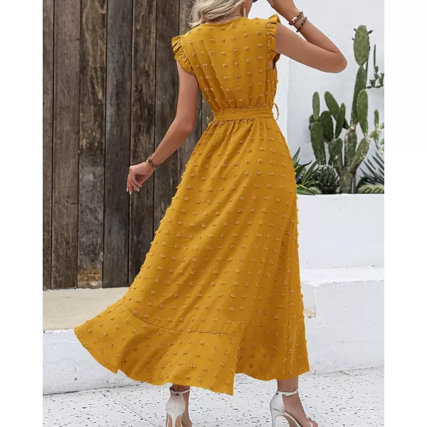 BTFBM Womens 2024 Summer Wrap V Neck Dress Ruffle Sleeve Swiss Dot Boho Ruffle Slit Beach Party Flowy Long Maxi DressesSwiss Dot Yellow