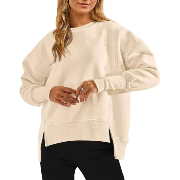 BTFBM Womens Casual Crewneck Sweatshirts 2024 Fall Winter Clothes Long Sleeve Side Slit Workout Soft Pullover TopsBeige