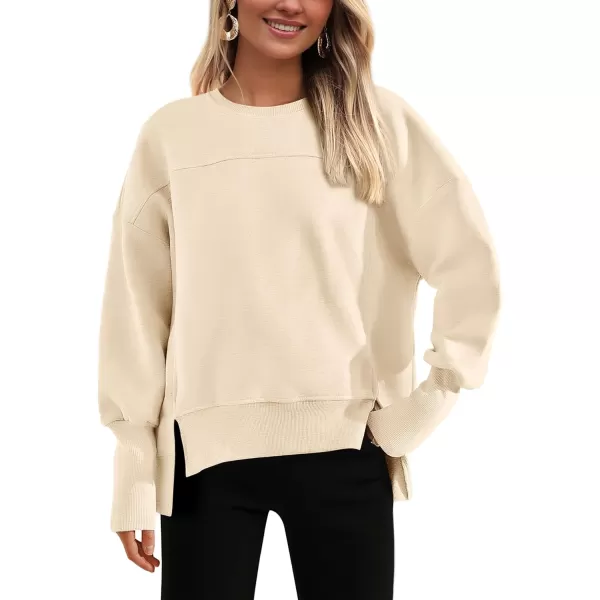 BTFBM Womens Casual Crewneck Sweatshirts 2024 Fall Winter Clothes Long Sleeve Side Slit Workout Soft Pullover TopsBeige