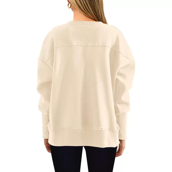 BTFBM Womens Casual Crewneck Sweatshirts 2024 Fall Winter Clothes Long Sleeve Side Slit Workout Soft Pullover TopsBeige