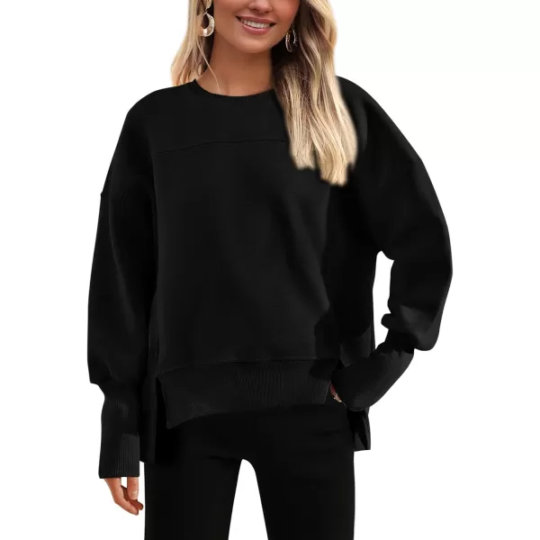 BTFBM Womens Casual Crewneck Sweatshirts 2024 Fall Winter Clothes Long Sleeve Side Slit Workout Soft Pullover TopsBlack