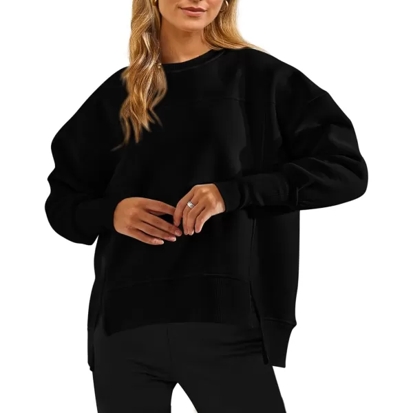 BTFBM Womens Casual Crewneck Sweatshirts 2024 Fall Winter Clothes Long Sleeve Side Slit Workout Soft Pullover TopsBlack
