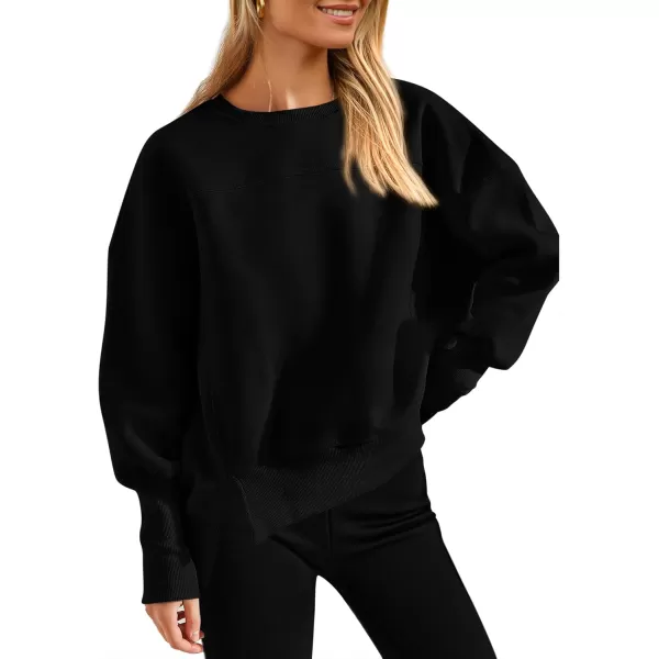 BTFBM Womens Casual Crewneck Sweatshirts 2024 Fall Winter Clothes Long Sleeve Side Slit Workout Soft Pullover TopsBlack