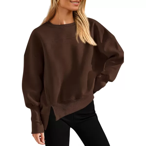 BTFBM Womens Casual Crewneck Sweatshirts 2024 Fall Winter Clothes Long Sleeve Side Slit Workout Soft Pullover TopsCoffee