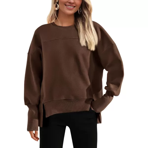 BTFBM Womens Casual Crewneck Sweatshirts 2024 Fall Winter Clothes Long Sleeve Side Slit Workout Soft Pullover TopsCoffee
