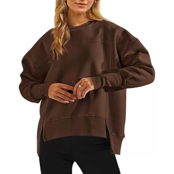 BTFBM Womens Casual Crewneck Sweatshirts 2024 Fall Winter Clothes Long Sleeve Side Slit Workout Soft Pullover TopsCoffee