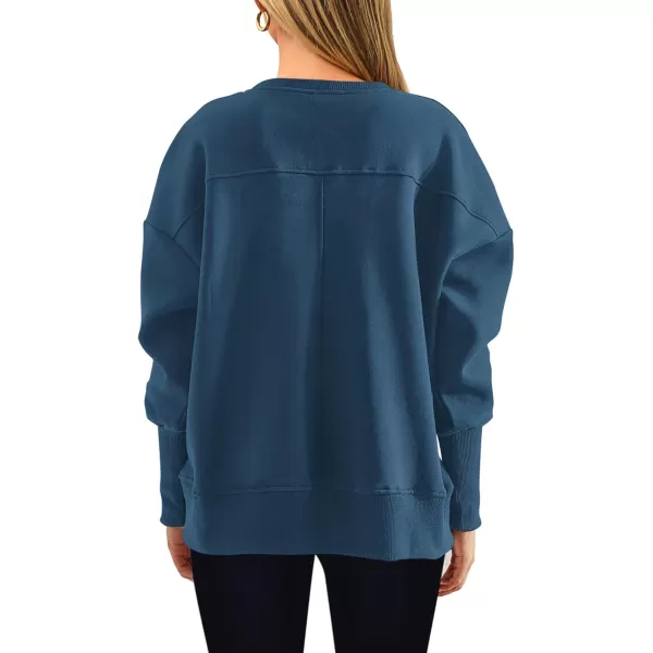 BTFBM Womens Casual Crewneck Sweatshirts 2024 Fall Winter Clothes Long Sleeve Side Slit Workout Soft Pullover TopsDark Blue