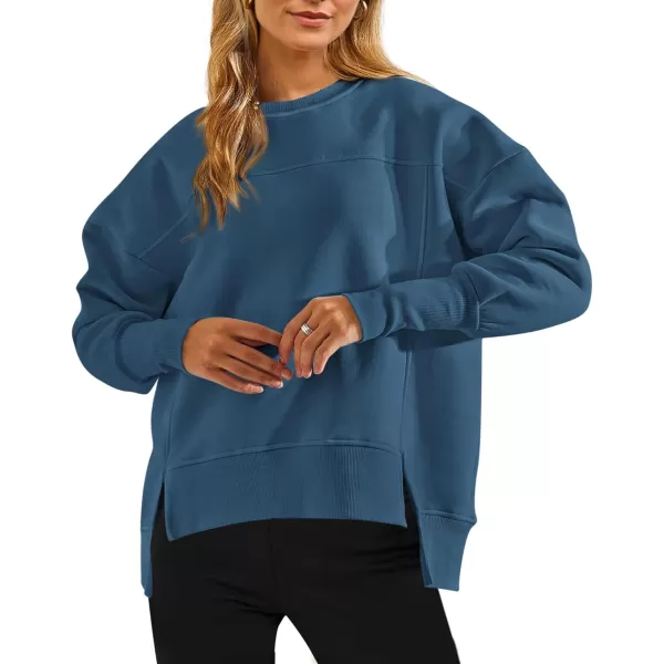 BTFBM Womens Casual Crewneck Sweatshirts 2024 Fall Winter Clothes Long Sleeve Side Slit Workout Soft Pullover TopsDark Blue