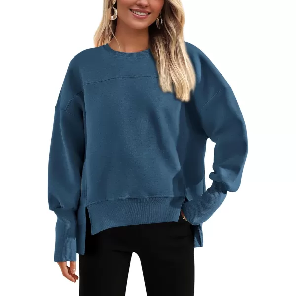 BTFBM Womens Casual Crewneck Sweatshirts 2024 Fall Winter Clothes Long Sleeve Side Slit Workout Soft Pullover TopsDark Blue