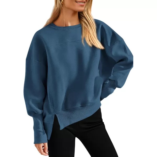 BTFBM Womens Casual Crewneck Sweatshirts 2024 Fall Winter Clothes Long Sleeve Side Slit Workout Soft Pullover TopsDark Blue