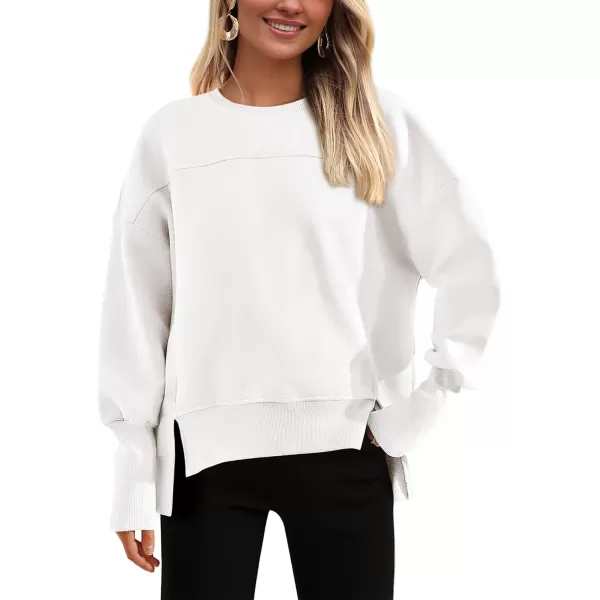 BTFBM Womens Casual Crewneck Sweatshirts 2024 Fall Winter Clothes Long Sleeve Side Slit Workout Soft Pullover TopsWhite