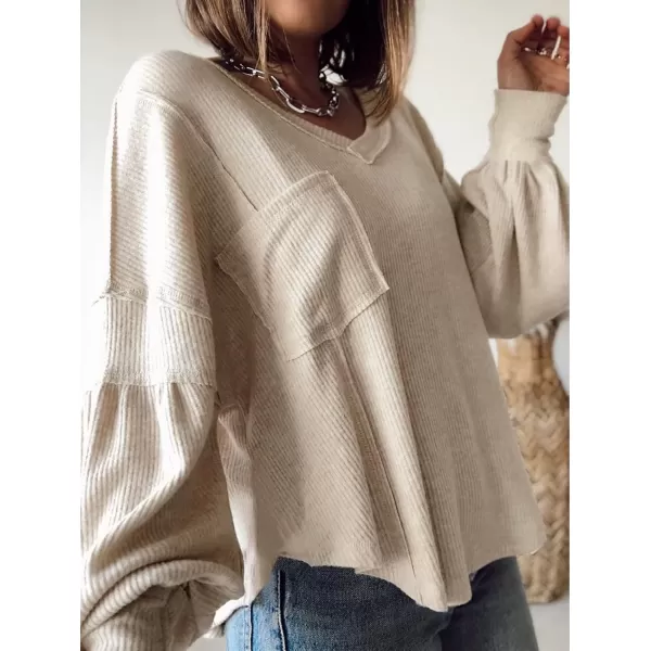 BTFBM Womens Casual V Neck Ribbed Knit Shirts 2024 Fall Pullover Tunic Tops Loose Balloon Long Sleeve Blouses TopSolid Apricot