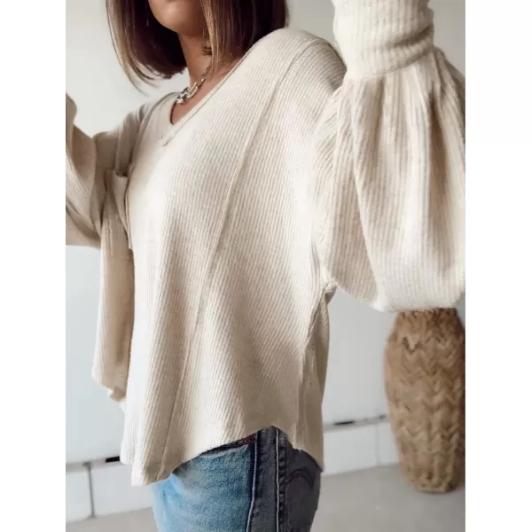 BTFBM Womens Casual V Neck Ribbed Knit Shirts 2024 Fall Pullover Tunic Tops Loose Balloon Long Sleeve Blouses TopSolid Apricot