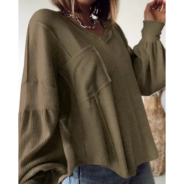 BTFBM Womens Casual V Neck Ribbed Knit Shirts 2024 Fall Pullover Tunic Tops Loose Balloon Long Sleeve Blouses TopSolid Army Green