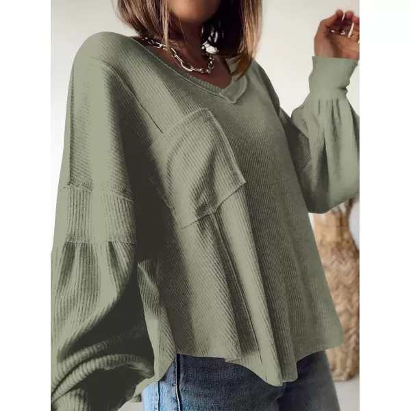 BTFBM Womens Casual V Neck Ribbed Knit Shirts 2024 Fall Pullover Tunic Tops Loose Balloon Long Sleeve Blouses TopSolid Bean Green