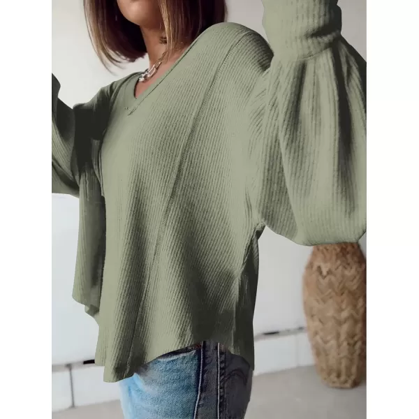 BTFBM Womens Casual V Neck Ribbed Knit Shirts 2024 Fall Pullover Tunic Tops Loose Balloon Long Sleeve Blouses TopSolid Bean Green