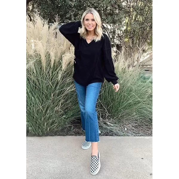 BTFBM Womens Casual V Neck Ribbed Knit Shirts 2024 Fall Pullover Tunic Tops Loose Balloon Long Sleeve Blouses TopSolid Black