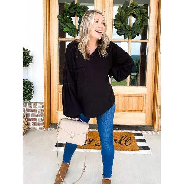BTFBM Womens Casual V Neck Ribbed Knit Shirts 2024 Fall Pullover Tunic Tops Loose Balloon Long Sleeve Blouses TopSolid Black