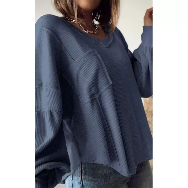 BTFBM Womens Casual V Neck Ribbed Knit Shirts 2024 Fall Pullover Tunic Tops Loose Balloon Long Sleeve Blouses TopSolid Blue