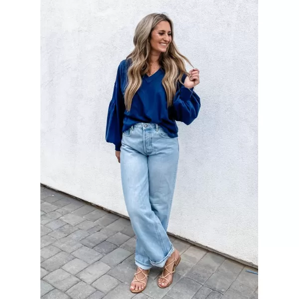BTFBM Womens Casual V Neck Ribbed Knit Shirts 2024 Fall Pullover Tunic Tops Loose Balloon Long Sleeve Blouses TopSolid Blue